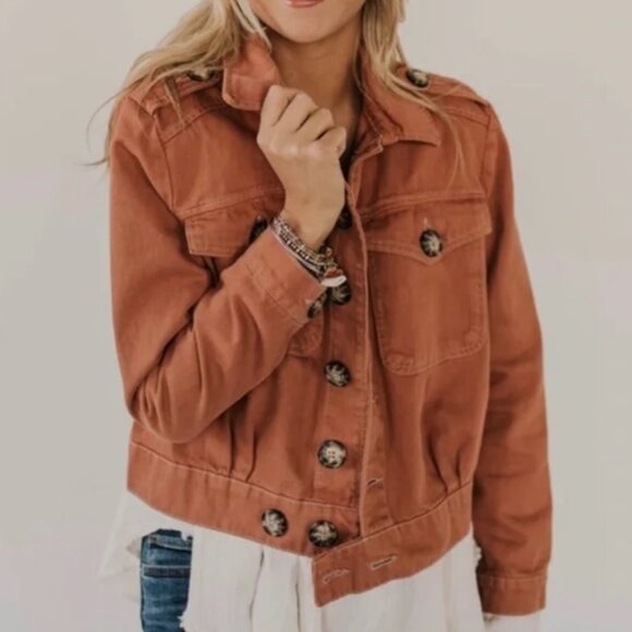 Free People Eisenhower Denim Jacket Boxy Fit Terracotta Orange Small - Picture 3 of 15